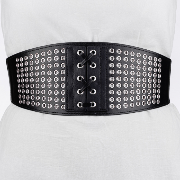 Centura corset lata din piele ecologica cu capse metalice argintii si elastic la spate