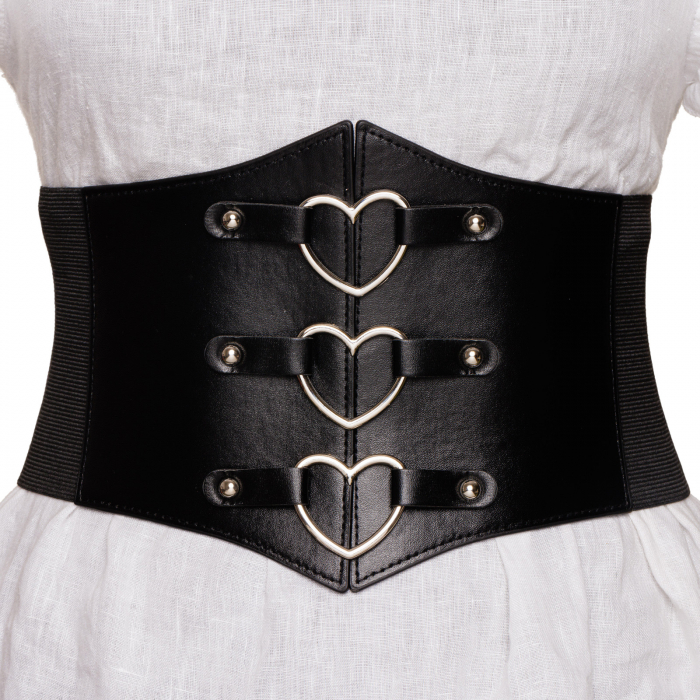 Centura corset lata din piele ecologica cu 3 inele metalice argintii in forma de inimi si elastic la spate