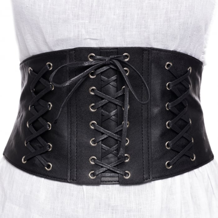 Centura corset lata din piele ecologica cu 3 randuri de sireturi si capse metalice Accesorii imagine noua 2022