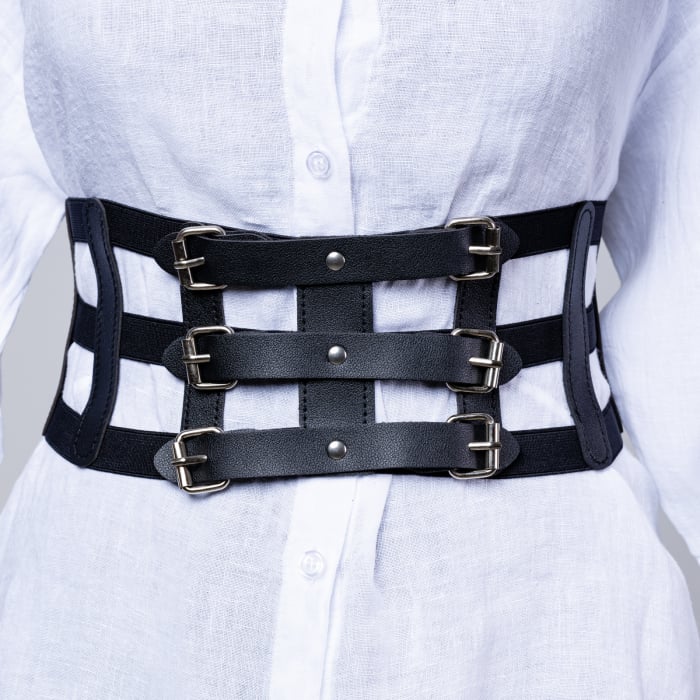 Centura corset lata din piele ecologica cu catarame argintii