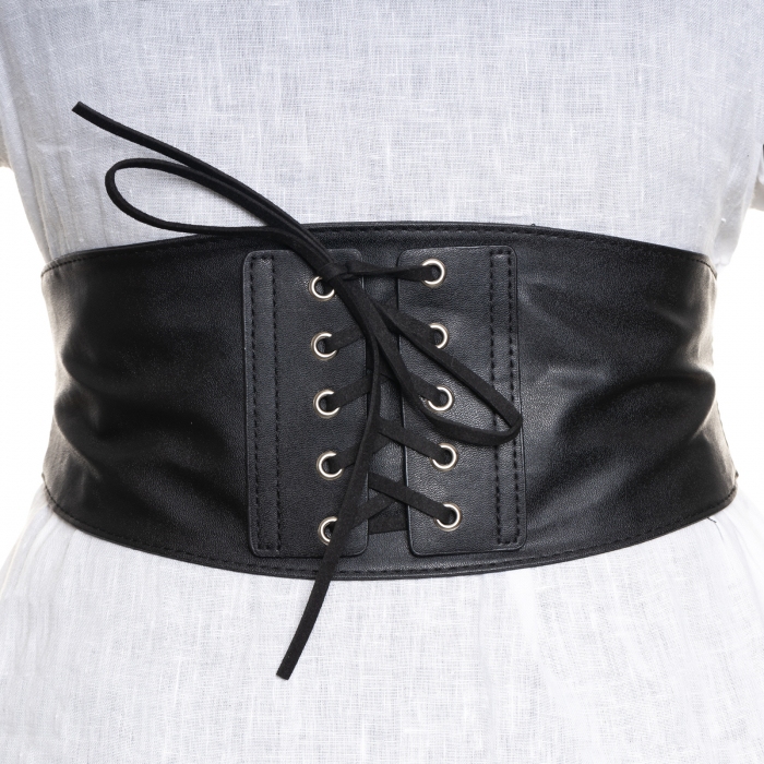 Centura corset lata din piele ecologica cu siret decorativ si capse metalice