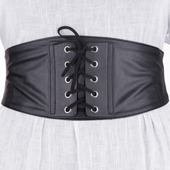 Centura corset lata din piele ecologica cu siret decorativ si capse metalice