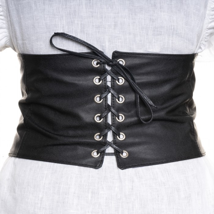 Centura corset lata din piele ecologica cu siret si capse argintii, elastic lat la spate