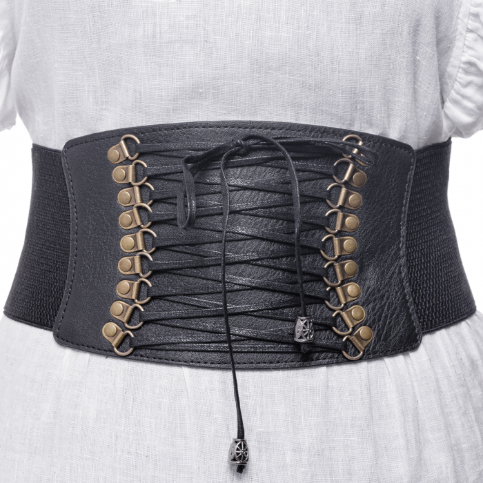 Centura corset lata din piele ecologica cu siret si elemente metalice aurii patinate