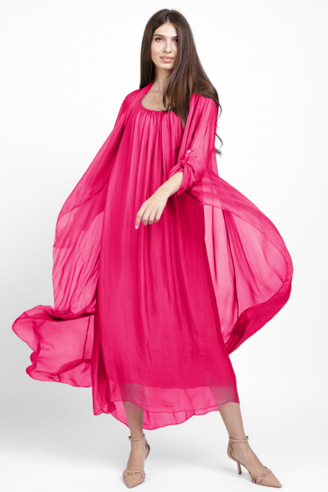 Compleu cu rochie si blazer din matase naturala, fucsia