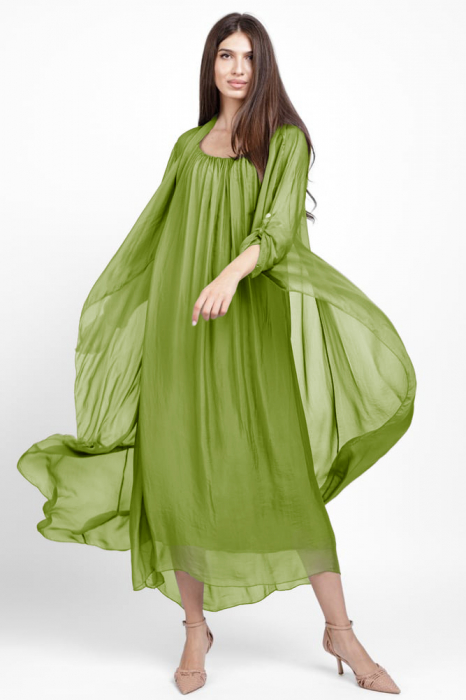 Compleu cu rochie si blazer din matase naturala, verde oliv