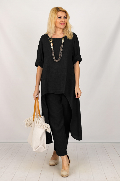 Compleu din in cu bluza tunica mai lunga in spate si pantaloni, negru