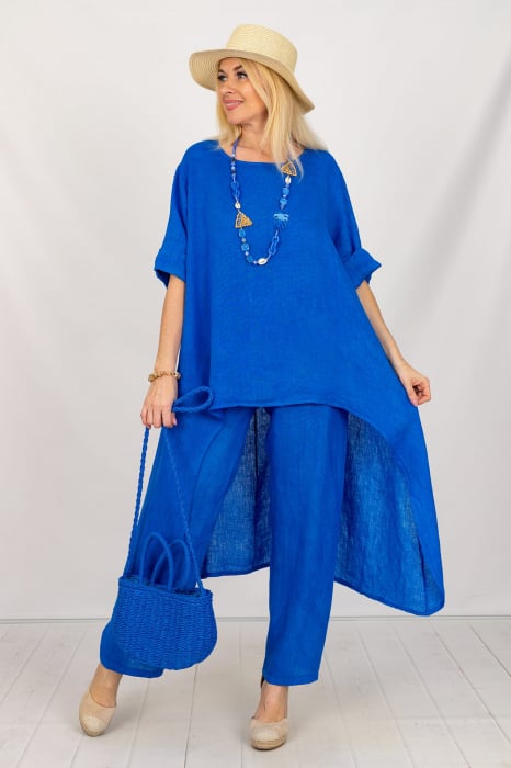 Compleu din in cu bluza tunica mai lunga in spate si pantaloni, albastru electric