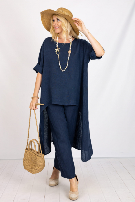 Compleu din in cu bluza tunica mai lunga in spate si pantaloni, bleumarin