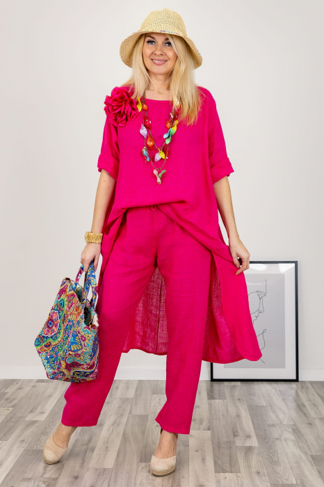 Compleu din in cu bluza tunica mai lunga in spate si pantaloni, fucsia