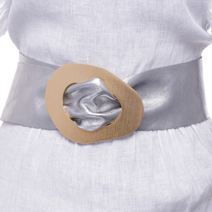 Curea argintie din piele naturala cu latime de 8 cm, catarama aurie neregulata Accesorii imagine noua 2022