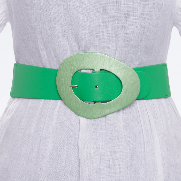 Curea din piele ecologica verde cu catarama neregulata metalica si elastic la spate