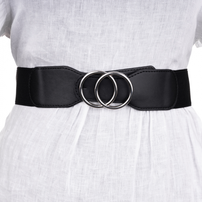 Curea lata neagra de 5.5 cm, din material elastic cu catarama metalica argintie cercuri concentrice