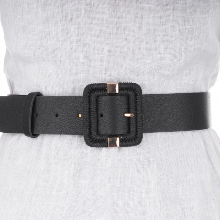 Curea neagra de 4 cm, din piele ecologica cu catarama metalica rectangulara aurie imbracata in impletitura
