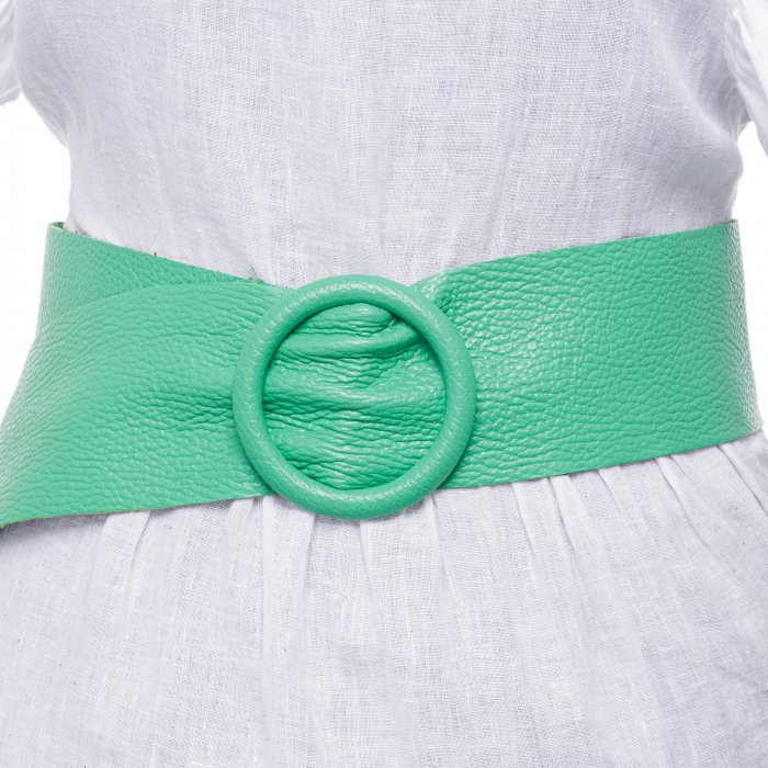 Curea verde din piele naturala cu latime de 7 cm, catarama rotunda imbracata in piele Accesorii imagine noua 2022