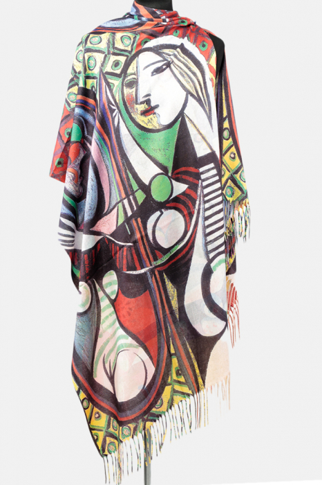 Esarfa cashmere cu fir de lurex, doua fete imprimata cu reproducere dupa girl before a mirror a lui picasso