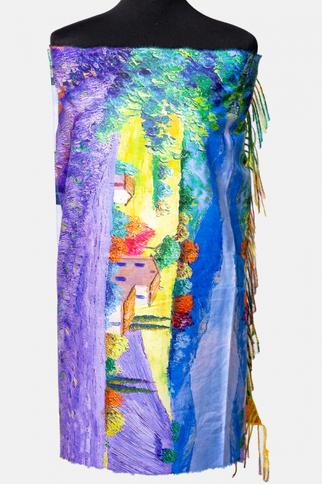 Esarfa cashmere cu fir din lurex, doua fete imprimata dupa reproducerea unui tablou cu campuri de lavanda
