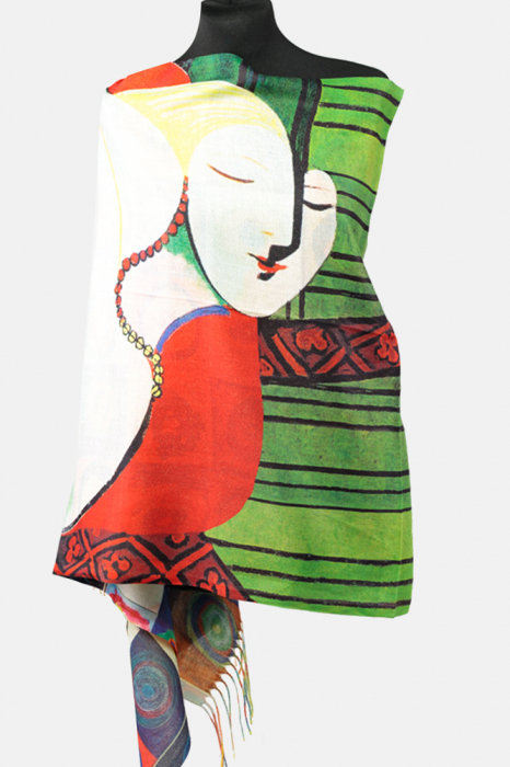 Esarfa cashmere cu fir de lurex, doua fete imprimata cu reproducere dupa visul lui picasso