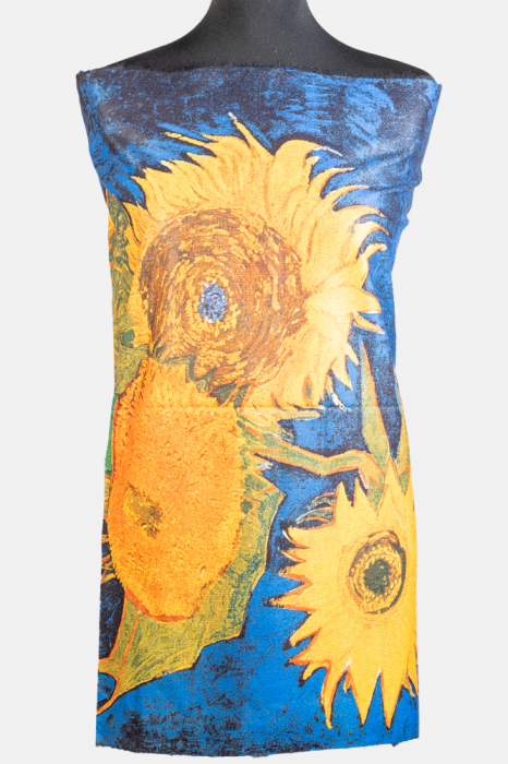Esarfa cashmere cu fir din lurex, doua fete imprimata cu o stilizare dupa Floarea Soarelui de Van Gogh