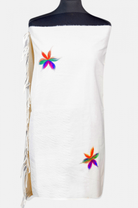 Esarfa cashmere dreptunghiulara alba cu flori multicolore