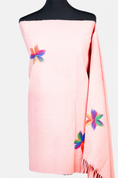 Esarfa cashmere dreptunghiulara roz cu flori multicolore