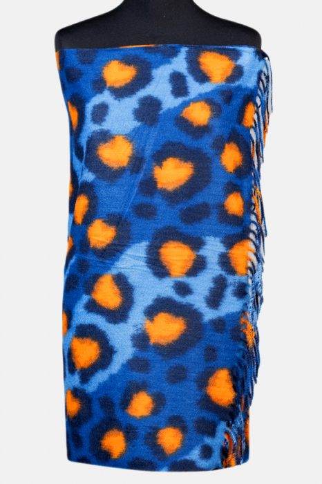 Esarfa cashmere model animal print cu nuante de albastru si portocaliu Accesorii imagine noua 2022