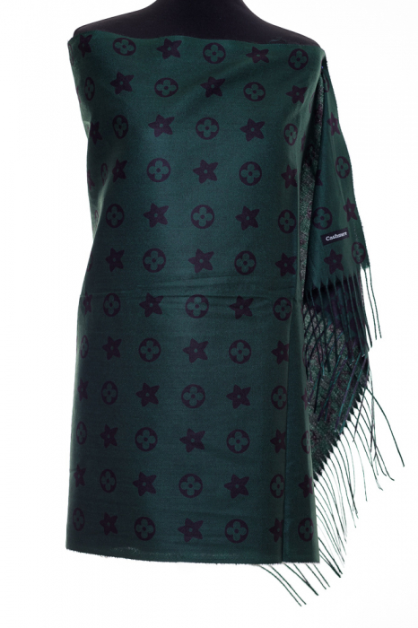 Esarfa casmir dubla fata cu model gen louis vuitton, verde inchis