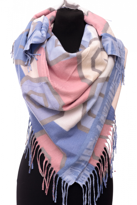 Esarfa casmir patrata cu hexagoane, nuante pastelate de roz, alb si bleu