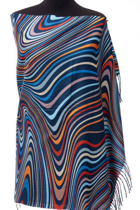 Esarfa din casmir cu linii curbe multicolore pe fond bleumarin
