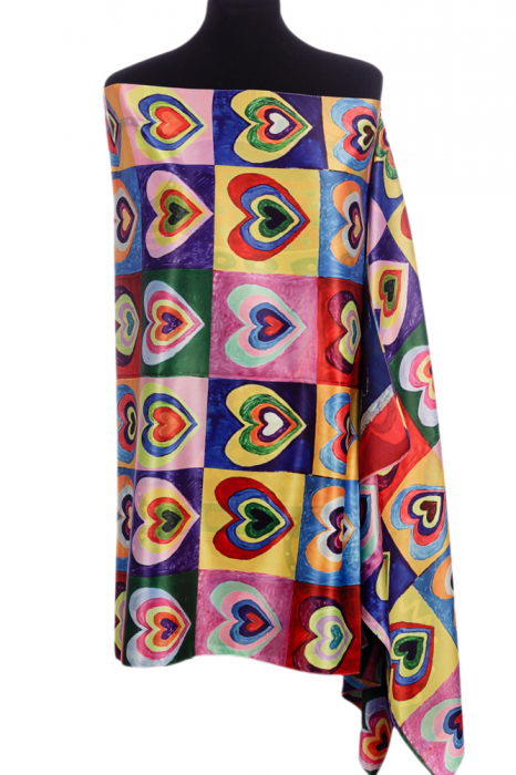 Esarfa dreptunghiulara cu doua fete, din matase, cu inimi multicolore dupa Kandinski