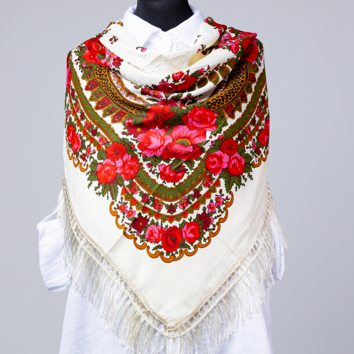 Esarfa gipsy patrata mare, tip pavlovo posad cu imprimeu floral traditional pe fond alb