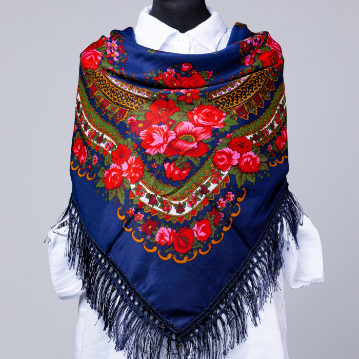 Esarfa gipsy patrata mare, tip Pavlovo Posad cu imprimeu floral traditional pe fond bleumarin