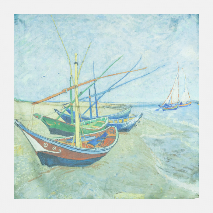 Esarfa patrata cu o singura fata imprimata dupa reproducerea unui tablou cu barci pe plaja