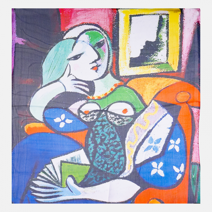 Esarfa patrata cu o singura fata imprimata cu reproducerea dupa fata in fata oglinzii a lui picasso