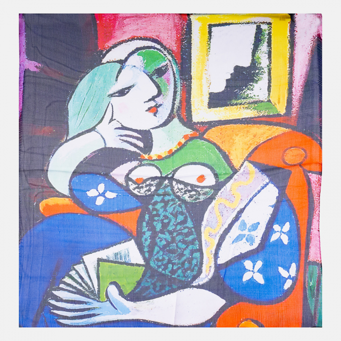 Esarfa patrata cu o singura fata imprimata cu reproducerea dupa Fata in fata oglinzii a lui Picasso Accesorii imagine noua 2022
