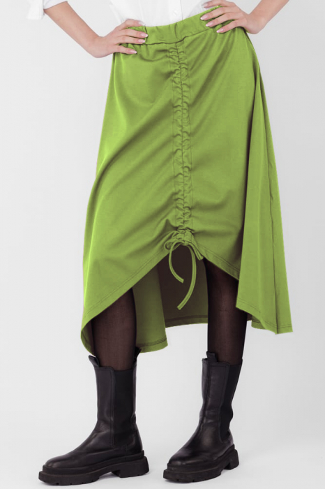 Fusta A-line din jerseu, asimetrica, cu snur vertical, verde oliv