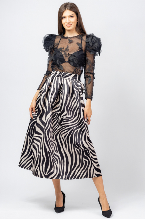 Fusta ampla maxi satinata cu imprimeu animal print zebra