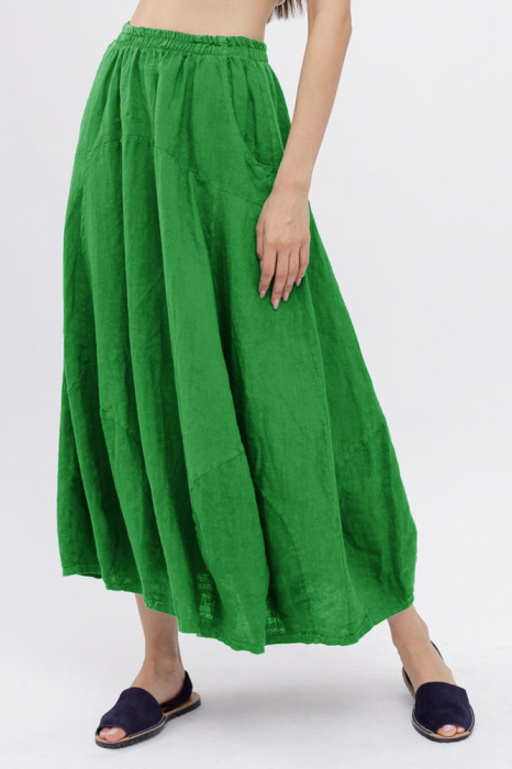 Fusta din in ampla, stil lalea, lunga, verde crud, cu buzunare