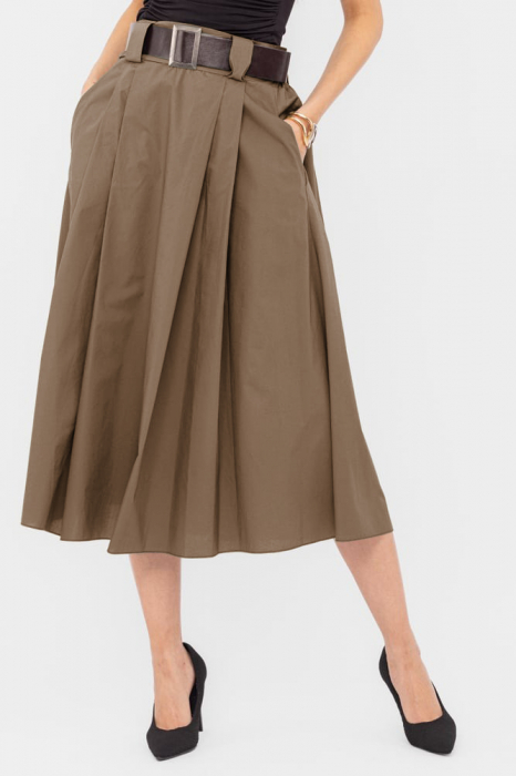 Fusta din poplin satinat de bumbac cu curea inclusa, camel