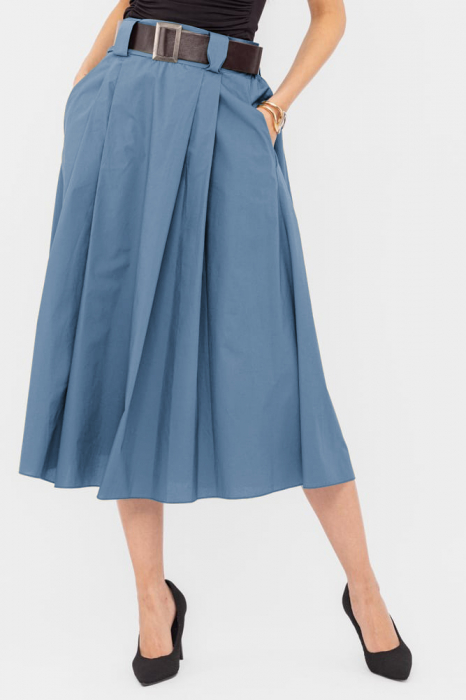Fusta din poplin satinat de bumbac cu curea inclusa, albastru denim