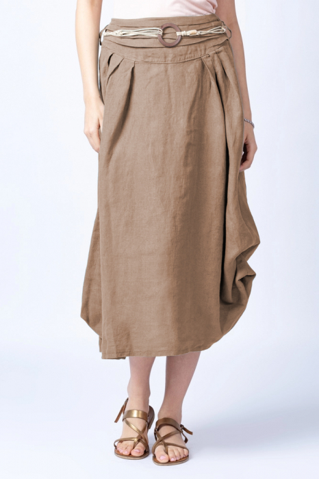 Fusta lunga camel cu poale prinse, din in, cu o curea fancy