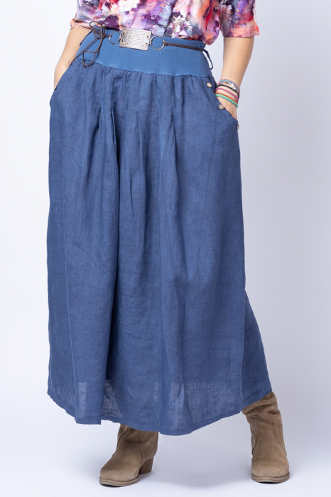 Fusta lunga casual, bleumarin, din in, cu o curea fancy