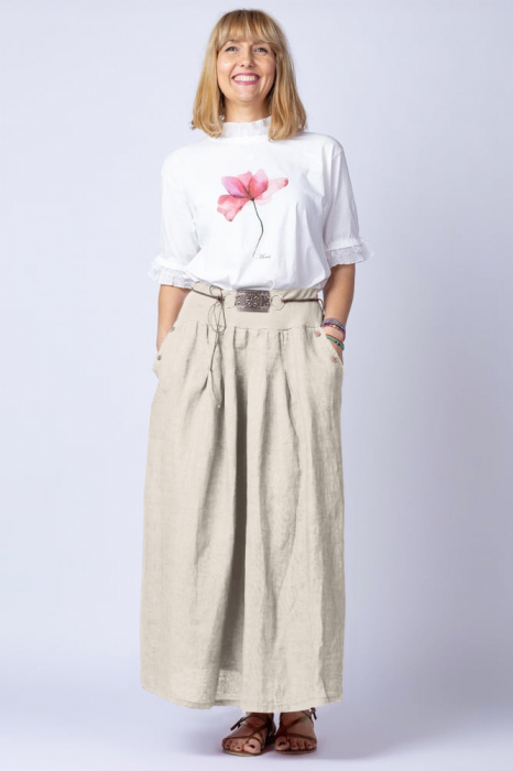 Fusta lunga casual, bej deschis din in, cu o curea fancy