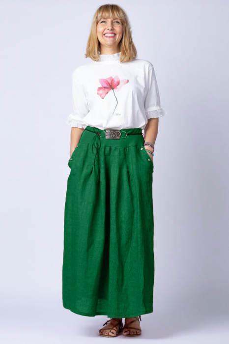 Fusta lunga casual, verde intens, din in, cu o curea fancy