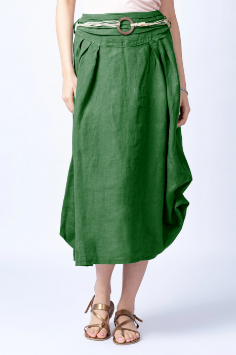 Fusta lunga verde oliv cu poale prinse, din in, cu o curea fancy
