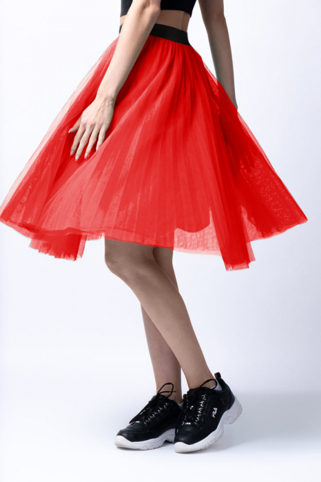 Fusta midi din tulle plisat, rosie