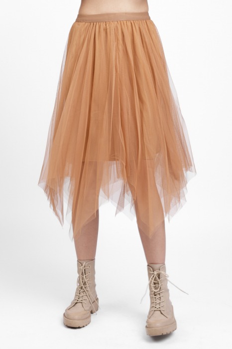 Fusta midi in colturi, din tulle camel