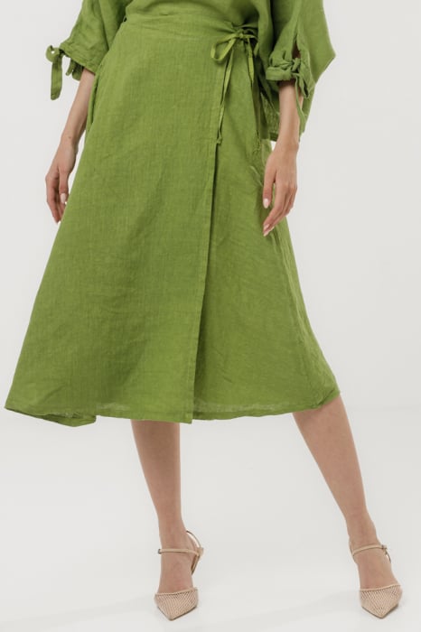 Fusta midi in stil petrecut din in, verde olive