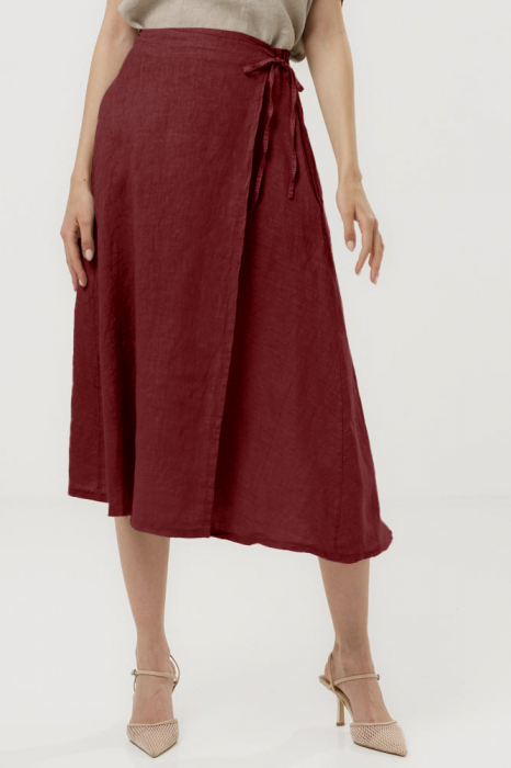 Fusta midi in stil petrecut din in, bordo
