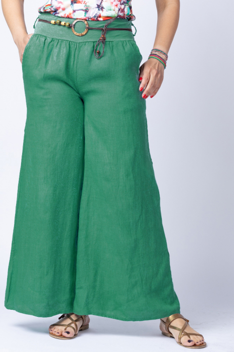 Fusta pantalon verde, casual, din in, cu o curea fancy casual imagine noua 2022